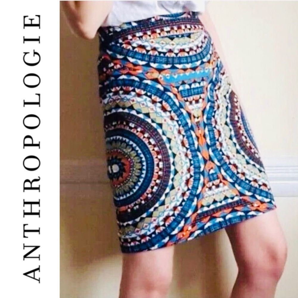 Anthropologie Tabitha Retro Pencil Skirt Boho Print 100% Cotton Size 4 - Picture 2 of 6